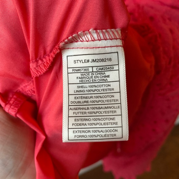 Betsey Johnson | Large Coral Cotton Off Shoulder Puff Sleeve Eyelet Midi Dress - Picture 7 of 8